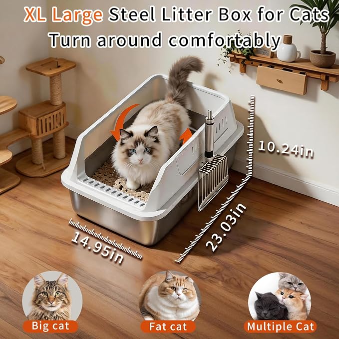 XL Enclosed Stainless Steel Cat Litter Box with Lid, Extra Large Metal Litter Box for Big Cats,High-Sided Anti-Urine Leakage, Odor-Free Non-Stick, Easy to Clean, Includes Metal Scoop