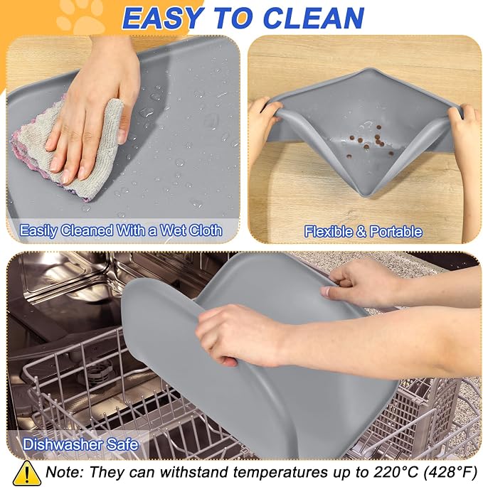 SMILOOL Silicone Pet Food Mat with Raised Edge for Food and Water Bowl, Dog Feeding Mats, Cat Food Trays for Floor Waterproof, Rubber Tray for Dogs and Cats, 19 x 12 x 0.7 Light Gray