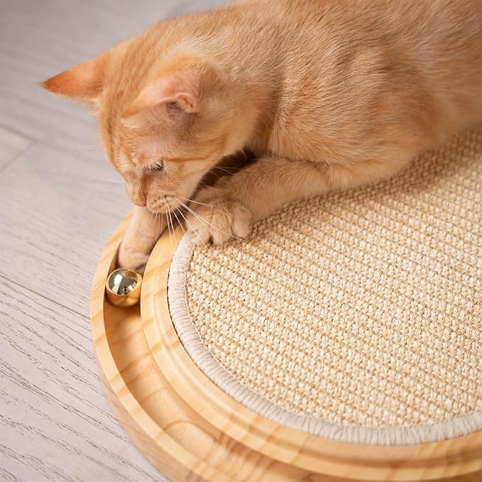Sisal Cat Scratcher Pad, Wooden Interactive Cat Puzzle Toy | Sisal Scratching Pad with Ball, Kitten Mental Stimulation, Self Play, Home Enrichment, Physical Exercise, Natural Sisal