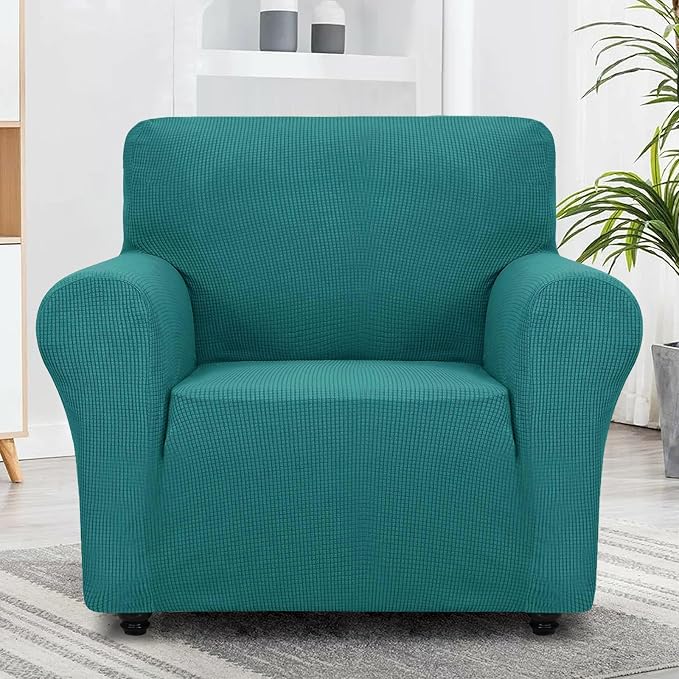 ZNSAYOTX Super Stretch Chair Slipcover Universal Sofa Chair Covers for Living Room Dogs Pet Furniture Protector Spandex Armchair Slipcovers with Anti Slip Foam Sticks (Peacock Teal, Chair)