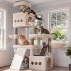 Heybly Cat Tree 72.4-Inch Anti-Tip Cat Tower with Spacious Perches HCT060MJ | All-in-One Cat Furniture for Large Cats, Multiple Interactive Areas, Extra-Large Sisal Scratching Board, Beige