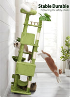 Meecal 77in Large Cat Tower for Heavy Duty Big Cats, Tall Cat Tree with Leaves - Scratching Post, Two Cat Condos, Soft Hammocks, Padded Perches & Dangling Balls, Green