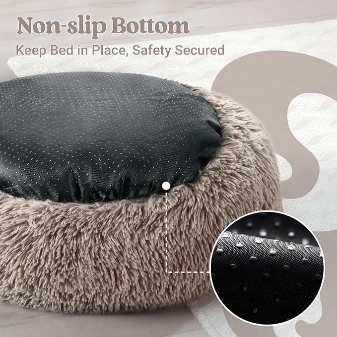 rabbitgoo Calming Cat Beds for Indoor Cats, 20 inches, Khaki | Soft Warm Donut, Fluffy Faux Fur, Supportive Raised Rim, Anti-slip, Machine Washable, Up to 15lbs Kittens & Small Cats