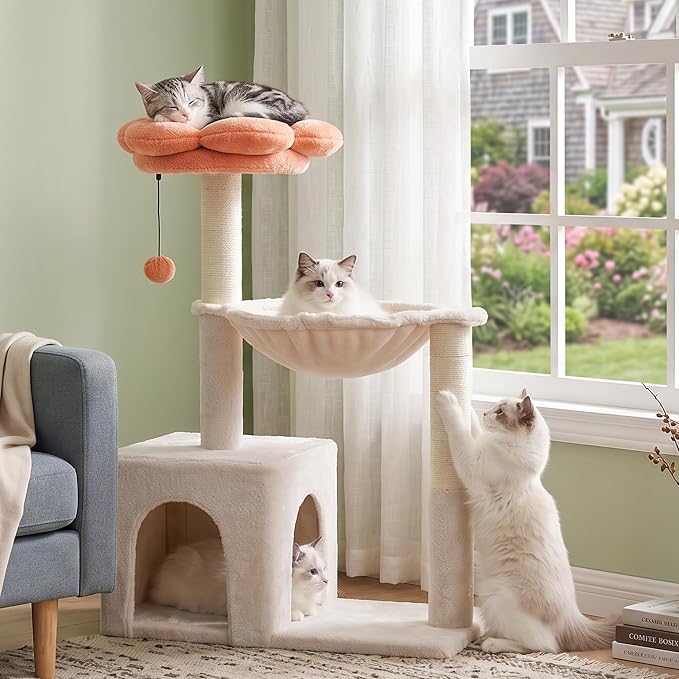 Flower Cat Tree 34" Scratching Post Small Cat Tower for Large Cats,Featuring with 15.7”Large Hammock, Removable Top Bed and Wide Condo for Indoor Cats-Beige | Cute Cat Tower with 15.7” Hammock, Spacious Cat House,34” Scratching Post,Removable Flower Be...