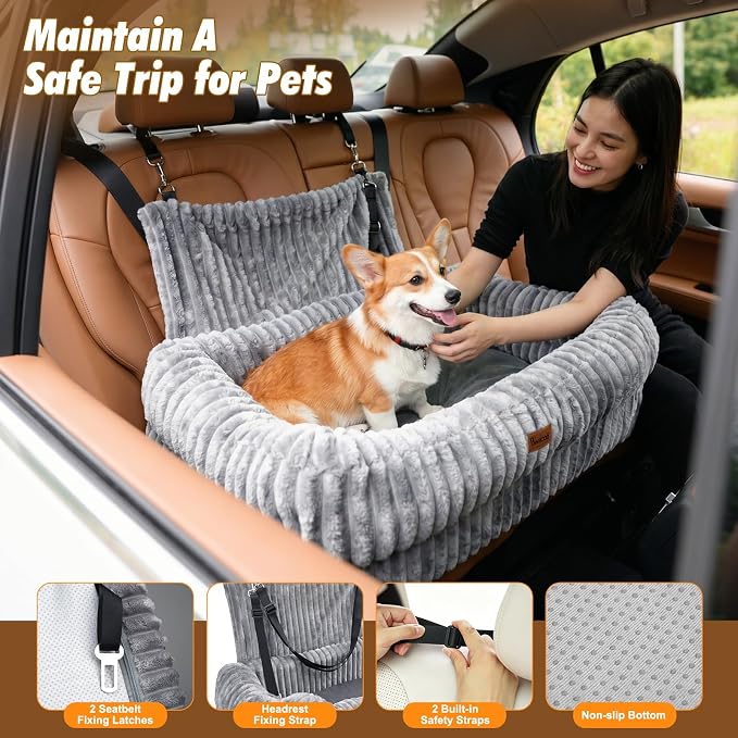 Pawaboo Dog Car Seat Bed, Memory Foam Booster for Medium/Large Dogs, Gray | Rear-seat pet travel bed with washable cover, safety leashes, thick cushion, and room for 2 small dogs