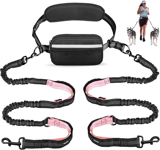 Uppetly Hands Free Dog Running Leash with Waist Belt, Dual Handle Elastic Bungees Retractable Rope for Small and Medium Dogs, Reflective Stitches for Walking Hiking Biking (Medium Pink, 8-25lb)