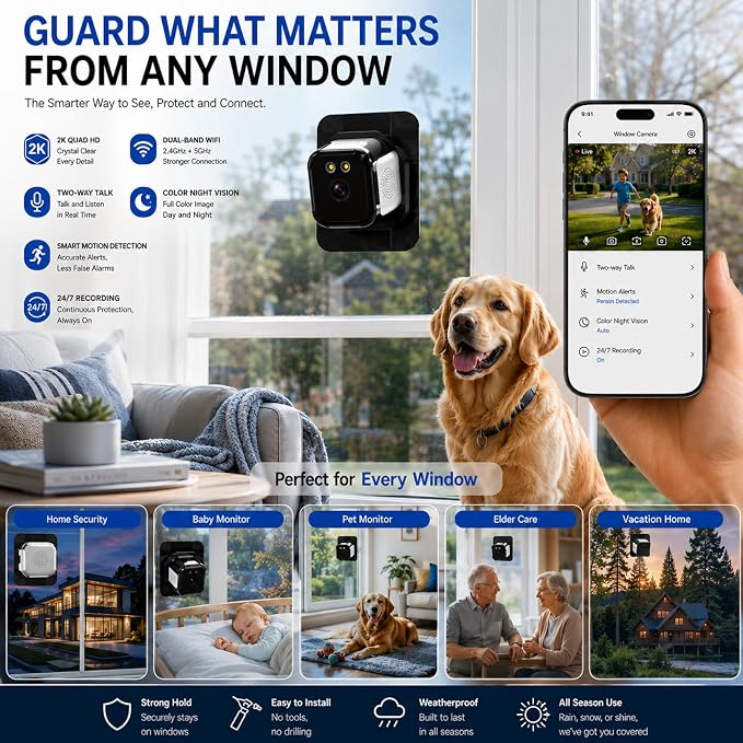 Window Camera 3MP 2K Indoor for Home Security, Color Night Vision - 2Pack | No Drilling See Outside from Inside Through Glass, 2.4GHz & 5GHz WiFi, AI Person Detection, Anti-Reflection Design