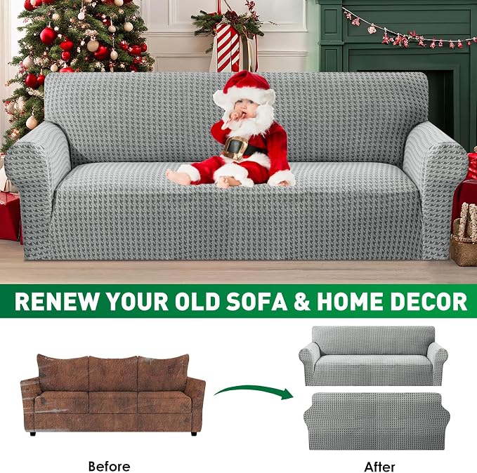 MAXIJIN Stretch Couch Cover Sofa Covers for 3 Cushion Couch (71"-91" Washable Sofa Slipcovers with Non-Slip Foam & Elastic Strap, Dog Cat Pet Friendly Furniture Protector (Large, Light Gray)