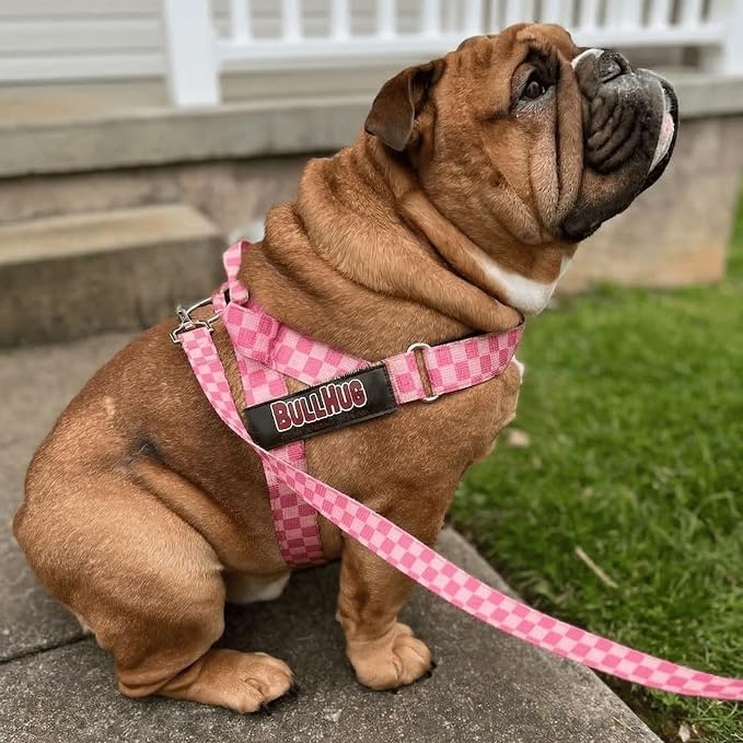 BULLHUG Adjustable Dog Harness– No Pull, No Choke – for English Bulldogs, French Bulldogs, Pugs & Broad-Chested Breeds – Easy, Safe Walks (Pink, Checker XL)
