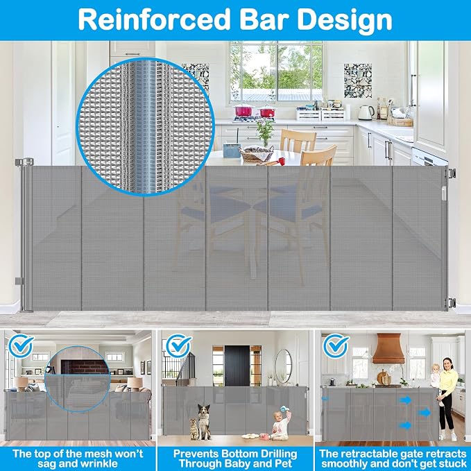Reinforced 42" Extra Tall X 120" Extra Wide Retractable Dog Gate for Doorways Wide Pet Gate Indoor Prevent Kid/Pet Jumping Over Tall Retractable Baby Gates for Dogs Outdoor Dog Gates for Doorways,Gray