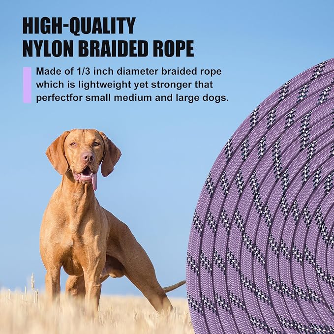 lynxking Long Dog Leash Reflective 15ft 30ft 50ft Check Cord Training Lead Padded Handle Heavy Duty Rope for Puppy Small Medium Large Dogs (Light Purple, 50ft x 3/8inch)