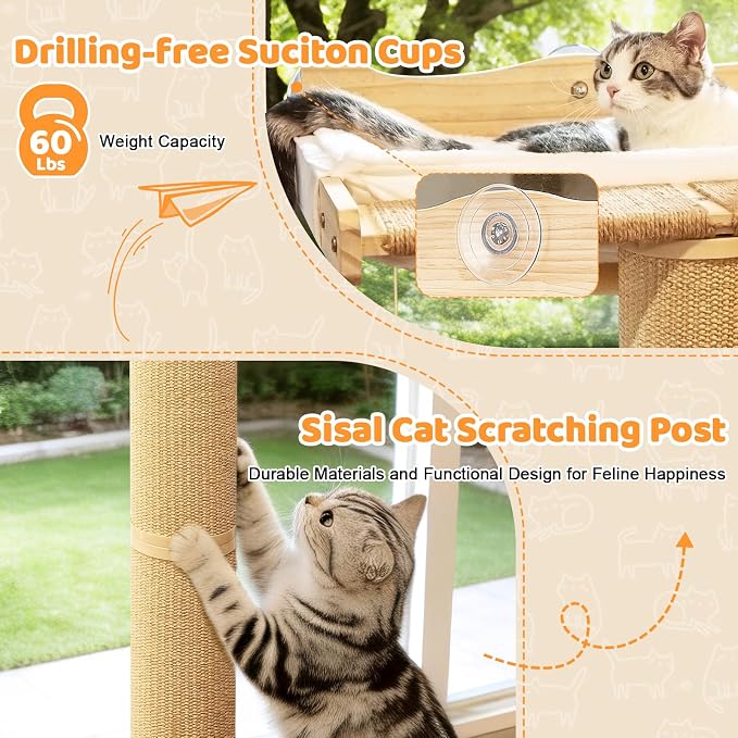 54" Tall Cat Scratching Post with Window Perch | White Fluffy Cushion, 3-Thickened Sisal Roman Columns, Drill-Free Suction Cup, Elevated Privacy Hammock, 60 LBS Capacity