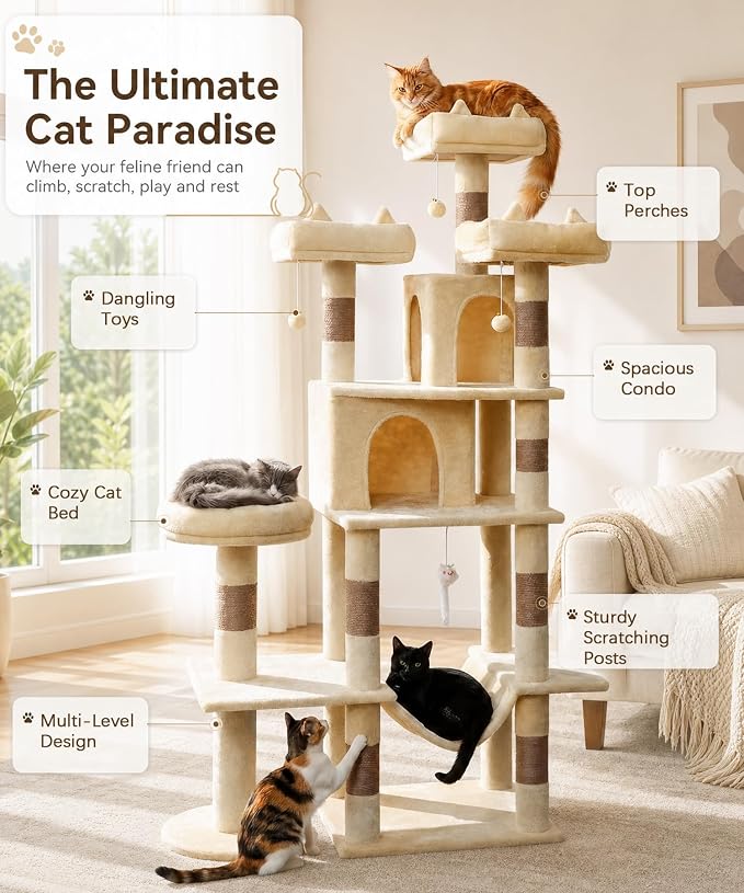 71 Inch Cat Trees for Large Cats, Heavy Duty Cat Tree Tower | Cat Condos for Indoor Cats Large Adult with Cat Scratching Post & 2 Condos, 9 Sisal Posts & Hammock, Beige