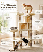 71 Inch Cat Trees for Large Cats, Heavy Duty Cat Tree Tower | Cat Condos for Indoor Cats Large Adult with Cat Scratching Post & 2 Condos, 9 Sisal Posts & Hammock, Beige