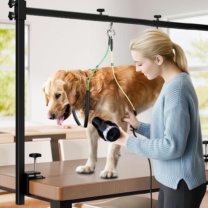 H Shape Dog Grooming Arm for Table, S Size Hammock, 42" H, 31-43" W | Heavy Duty, Adjustable Grooming Stand, Clamp Fits up to 2.76", with Hammock & 2 Nooses for Home Grooming & Nail Trimming