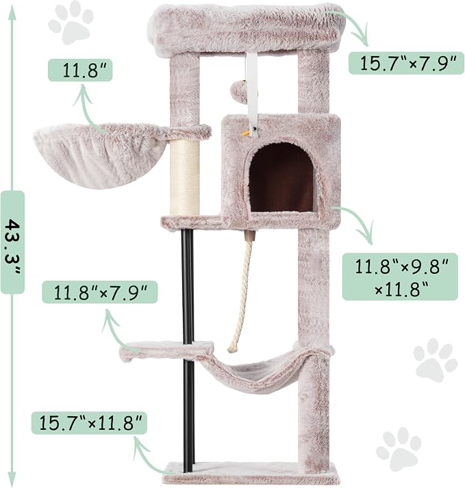 Gitelsnour Cat Tree, 43.3'' Cat Tower with Hammock for Kittens GCT004SMU | Cat Condo House for Small Indoor Cats, Basket, Scratching Post, Large Platform, Sturdy Steel Tube, Sisal Rope, Mushroom