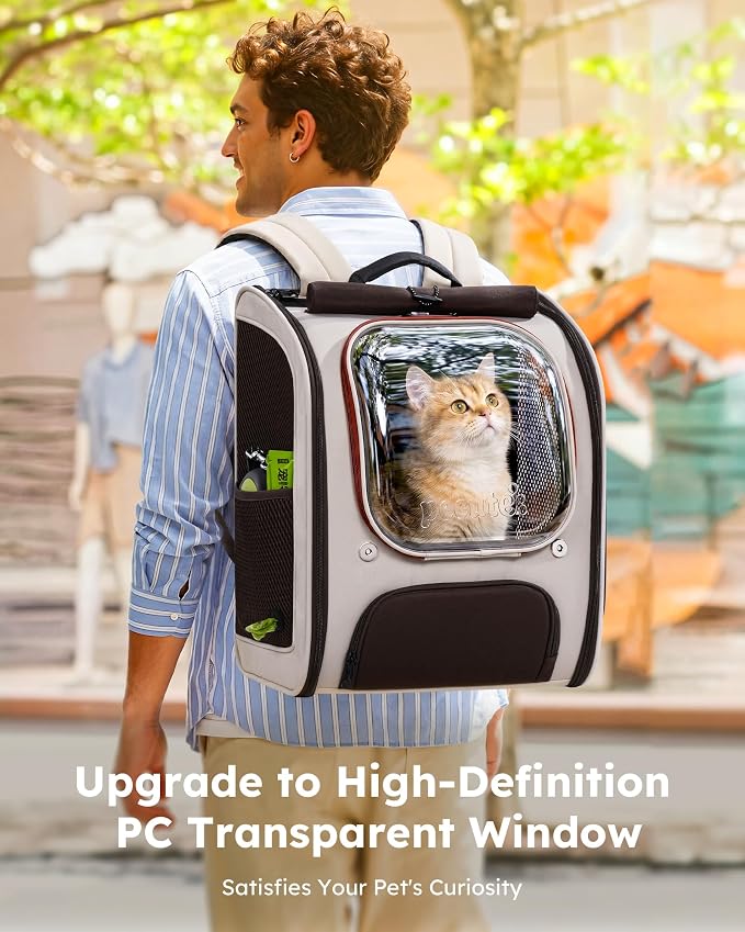 Pecute Dog Backpack Carrier,Large Space Dog Bubble Backpack,Ergonomic,Khaki | Color Blocking,Sunshade curtain,Folding bowl,Transparent window,Sturdy,Large mesh on both sides for breathability