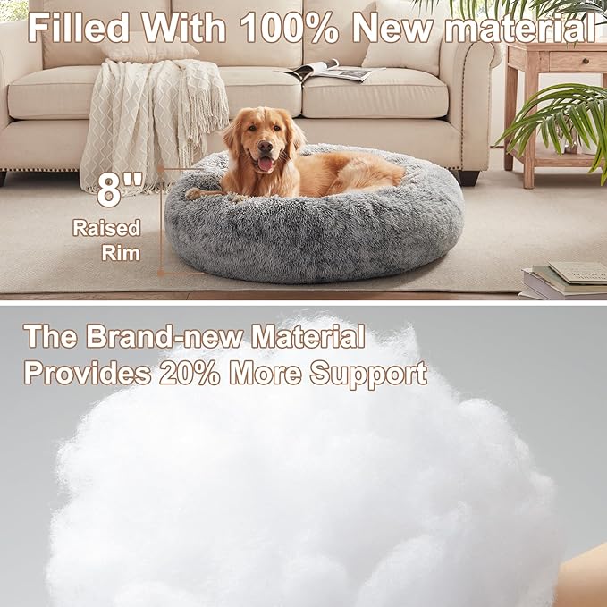 36 inches Faux Fur Fluffy Donut Dog Bed for Large Dogs,Dark Grey | Calming Plush Round Pet Bed with Removable & Washable Cover,Fits up to 80 lbs Pets
