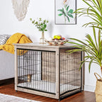 DWANTON Dog Crate Furniture with Cushion, Wooden Kennel Table with Double Doors, Indoor Dog House, Medium Size, 32.5" L, Greige