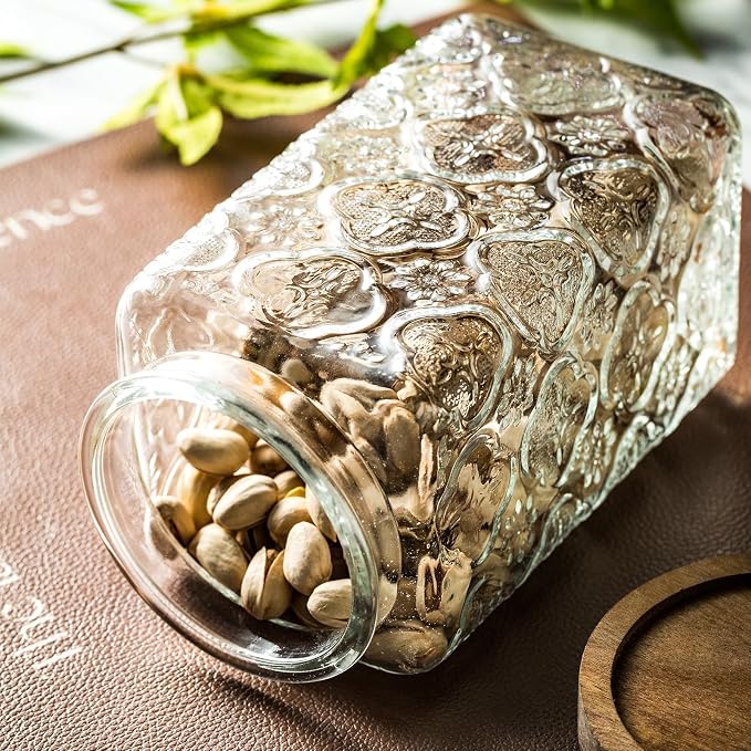 Vintage glass sealed storage jar with sealed wooden lid, Kitchen Storage glass food storage container for, coffee beans, oats, flour, cereal, food storage jar (Sunflower)
