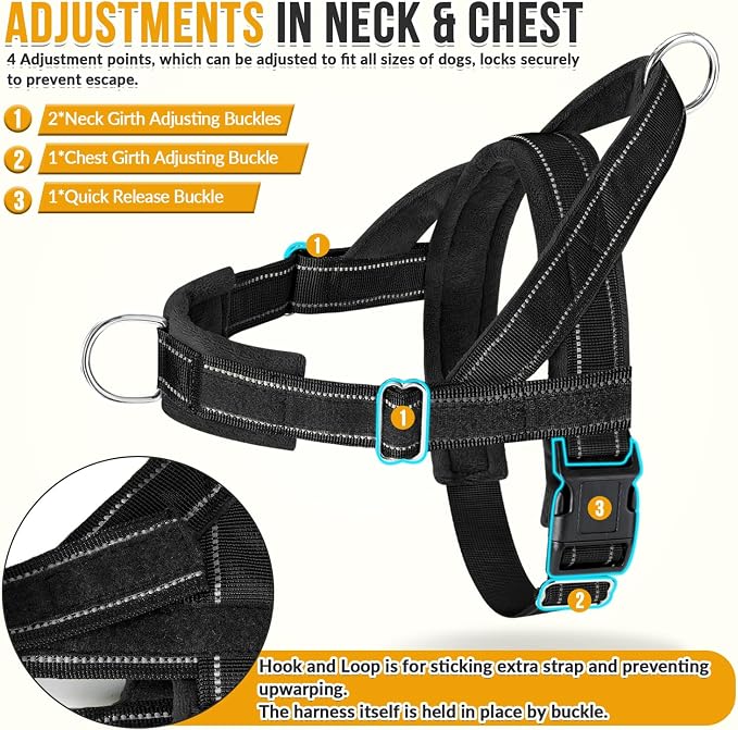 SlowTon No Pull Dog Harness - Heavy Duty Dog Harness and Leash Set for Medium Large Dogs, Reflective Tactical Harness with Soft Padded and Front Clip for Easy Walk and Training (B, XL)