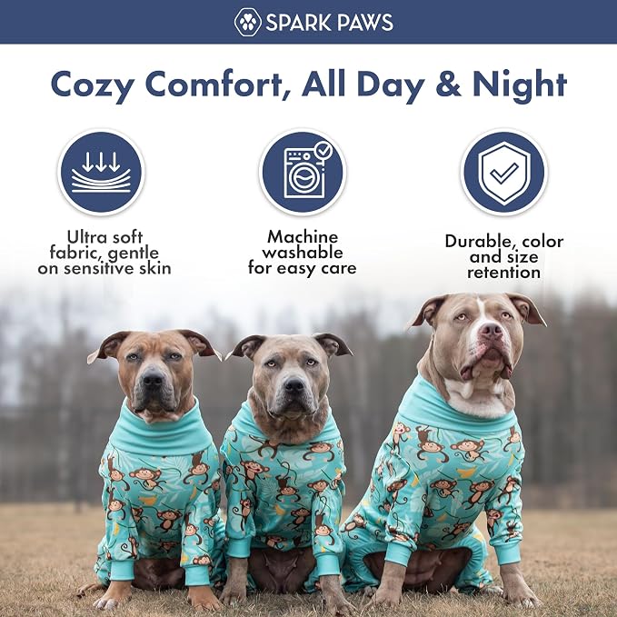 Spark Paws Dog Pajama, Dog Recovery Suit Male, Onesie, Ultra-Soft and 4-Way Stretch, for Small Medium and Large Breeds - Monkey Business - L