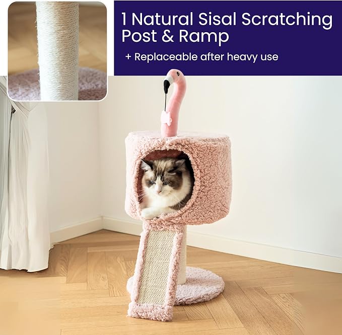 Catry 2-Level Small Cat Tree with Condo, Sisal Scratching Ramp & Post | Cute Pink Flamingo-themed Cat Tree with a Cozy Condo, Replaceable Sisal Scratching Posts, Sisal Ramp, and a Built-in Toy
