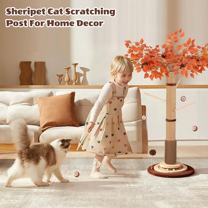 46" Extra Tall Cat Scratching Post with Toy for Large and Adult Indoor Cats | Sisal Cat Scratcher Tree with 3D Leaves for home decor, Hanging Plush Ball, Stable 3-Layer Wooden Base with Ball Track Toys