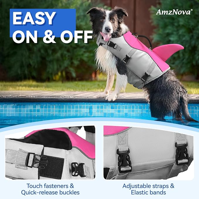 AMZNOVA Dog Swim Vest Shark Dog Life Jacket Life Vest | Lifejacket with Shark Fin & Handle for Boating & Swimming, High Visibility Adjustable for Doggy Cat Puppy, XL, Pink