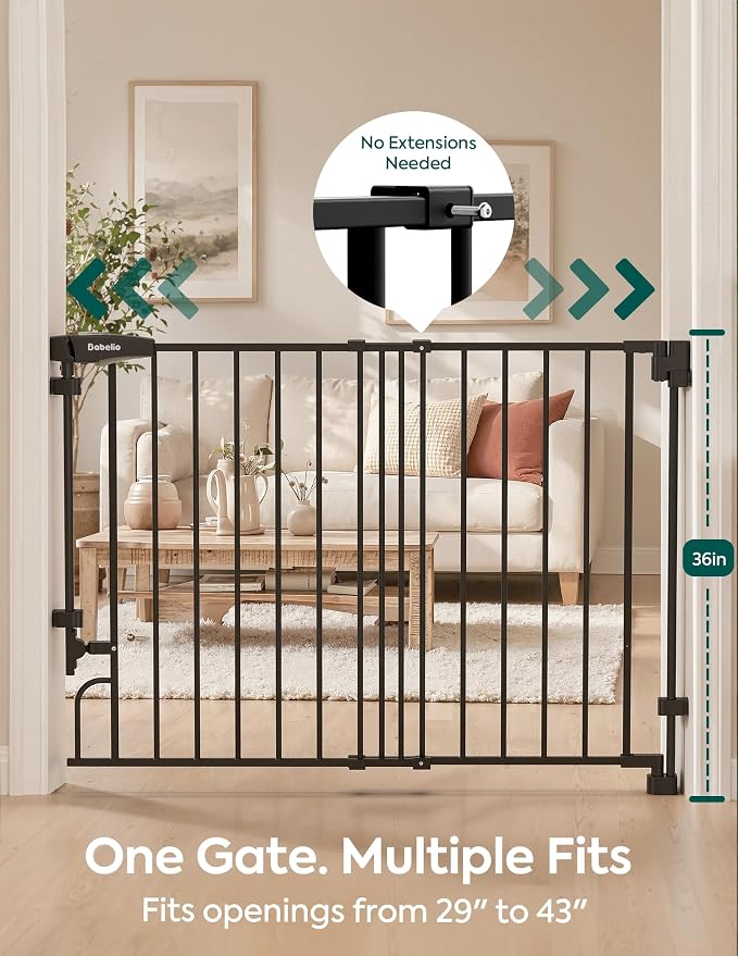 Babelio 36" H Removable Baby Gate for Stairs No Bottom Bar, 29-43" W, Black | Hardware Mounted (Drill Needed)| Wide Walk-Thru| Auto-Close Safety Dog/Pet Gate for Stairs & Doorways