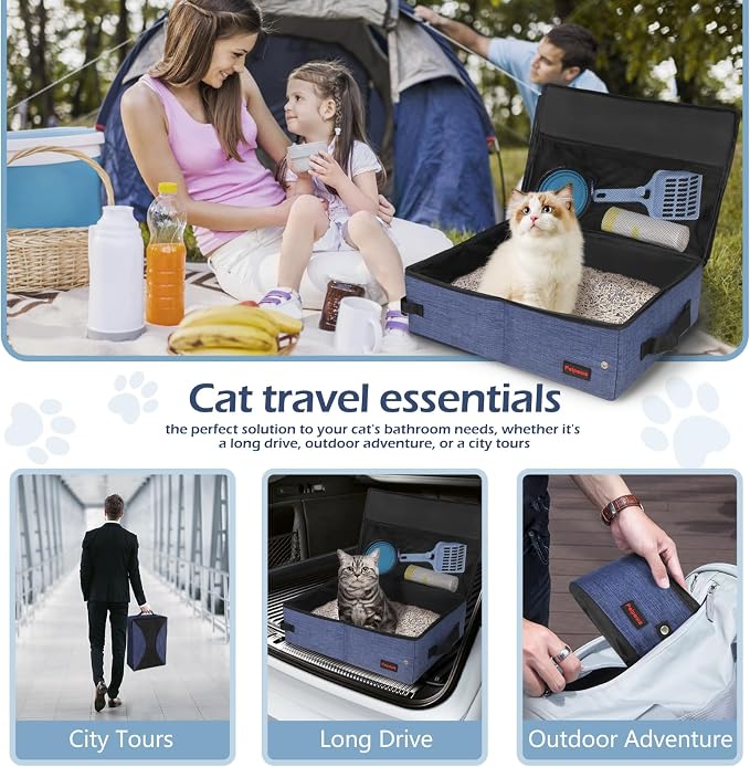 Portable Cat Travel Litter Box. Zipped Lid, Collapsible Litter Box for Cats. No Leakage, No Smell. Easy to Carry. Used for Hotels, Camping, Car (Blue,M)