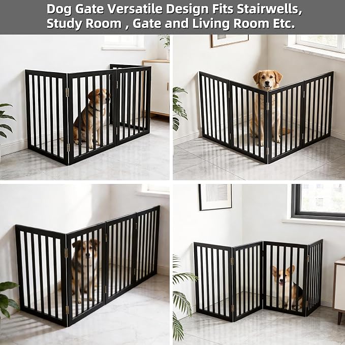 Dog Gate Indoor, Freestanding Dog Fence for The House, Doorways, Hallways,or Stairs,Pet Gate Foldable Wooden,Expandable 32" Height 4 Panels,Black