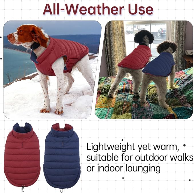 Lelepet Reversible Dog Coat Windproof Dog Jacket Lightweight Puffer Vest | Windproof Wintet Jacket Warm Coats for Small Dogs Adjustbale Hook & Loop Pet Apparel with Leash Hole, Shih Tzu, Wine Red, S