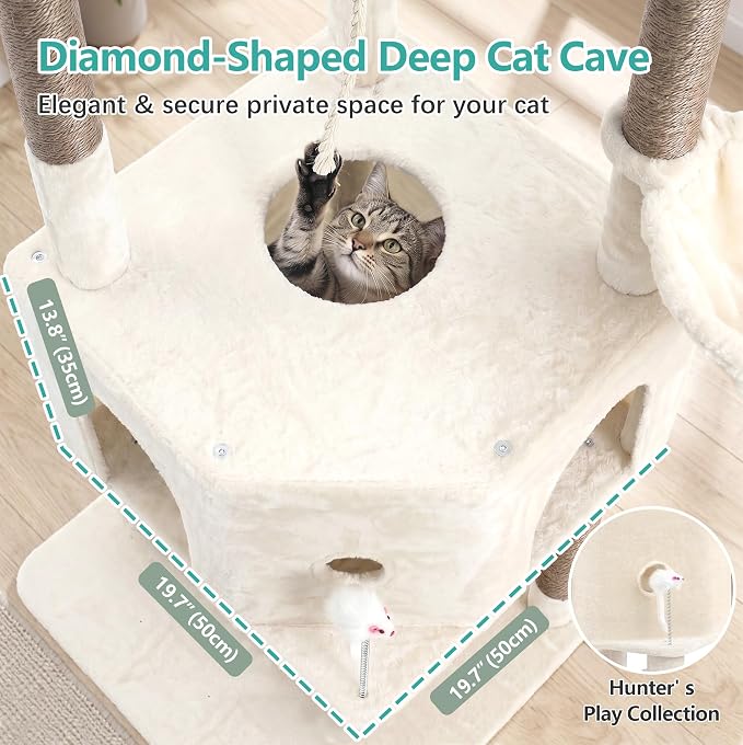 Cat Tree, 81.1" Skyward Corner Cat Tower for Large Cats VCT031MJ | Space-Smart Cat Furniture with Diamond Hideout, Grand Platform, Firm Base, 3 Soft Hammock & Pet Relax Station, Beige