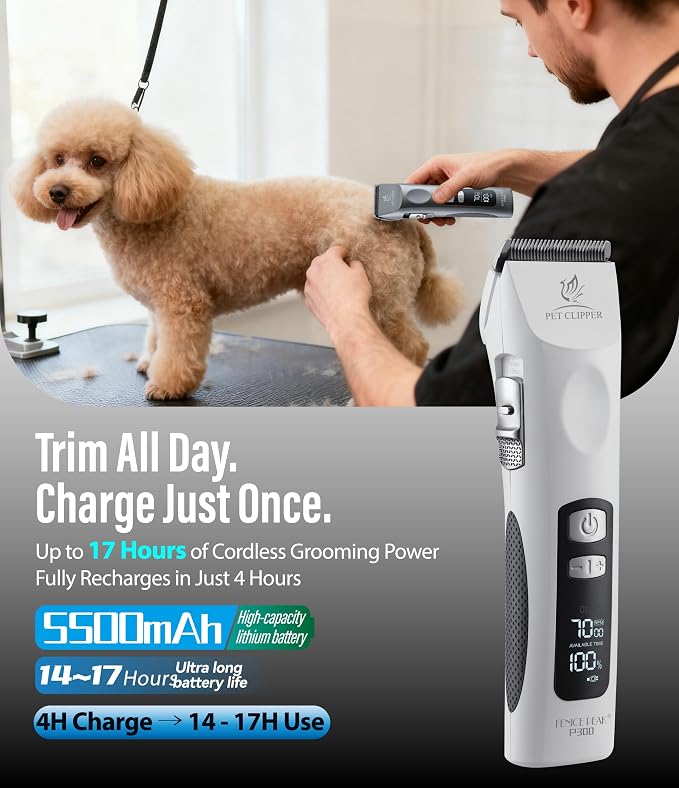 Professional Dog Grooming Clippers with 17H Runtime & Replaceable 440C Blade, 5-Speed Low Noise Electric Dog Shaver for Thick, Matted, Curly Hair, Cordless Clipper for Groomer & Home Use, White