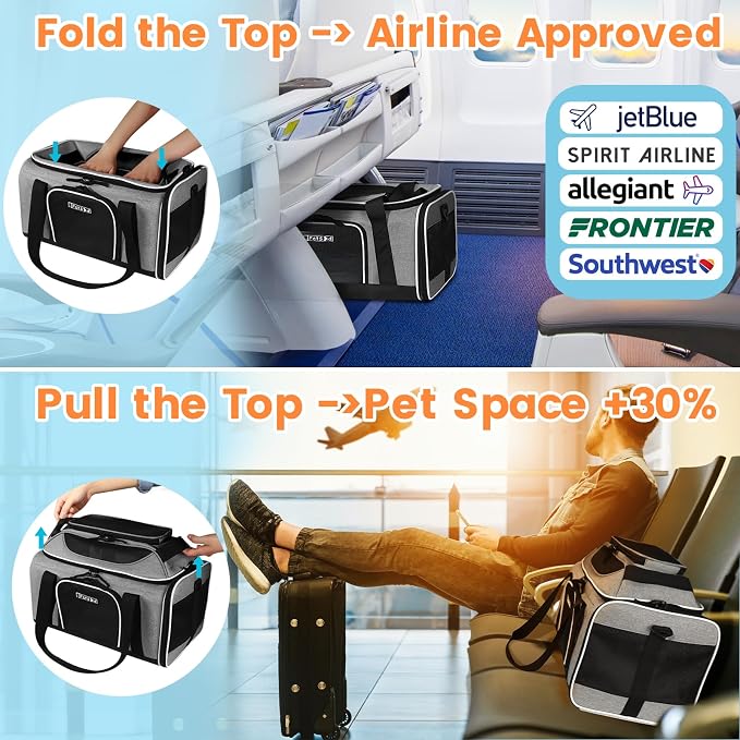 Petskd Top-Expandable Small Pet Carrier 17"x12"x8.5" Airline Approved | for JetBlue/Frontier/Spirit Airlines, Lockable Safety Zippers and Anti-Scratch Mesh, Soft-Sided, Pets Under 8 Lbs, Grey