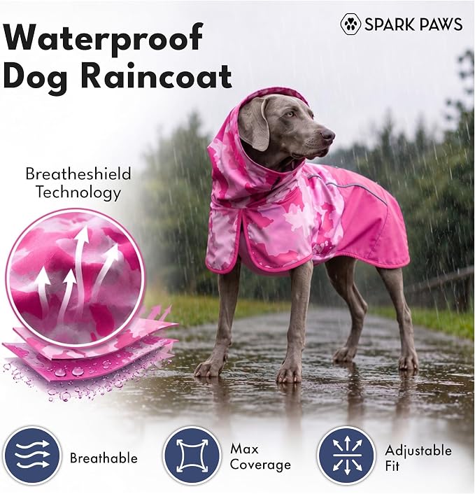 Spark Paws Dog Raincoat, Waterproof Windproof Rain Jacket, for Small Medium Large Extra Large Dogs, Reflective Breathable Full-Body Coverage Dry Suit - Camo Pink - 4XL