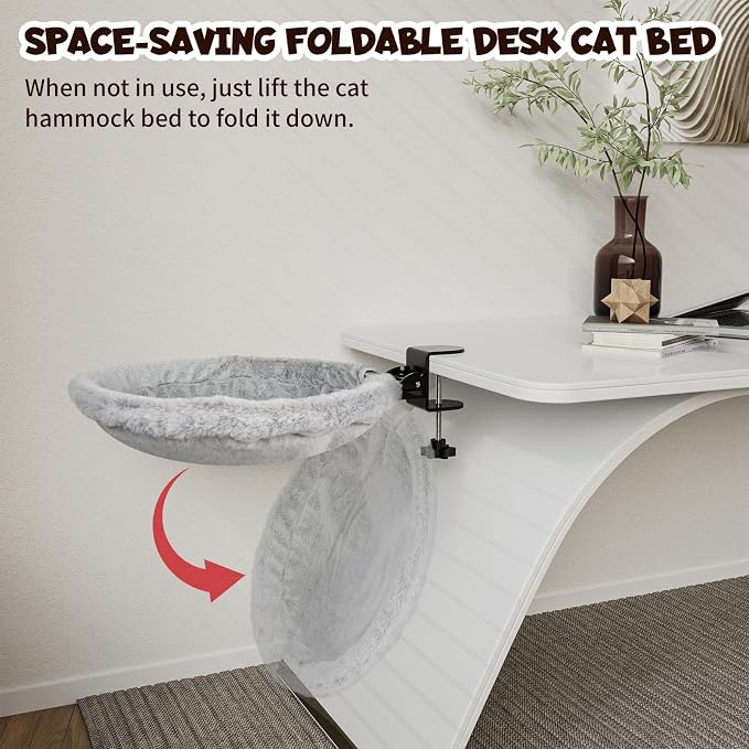 Acools Cat Desk Bed, 90° Foldable Cat Hammock with Clamp, 44 lb Capacity | Cat Desk Hammock with Adjustable Clamp; Desk Cat Bed Attachment Features 18"x18" Washable Soft Fabric and Sturdy Metal Frame