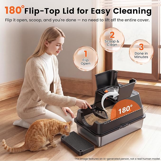 XL Stainless Steel Litter Box with Lid, Enclosed Metal Litter Box | High Sides, Urine and Litter Control, Odor Filter, Flip-Top, Easy-Clean Pan, Scoop & Step, Big Cats, Multi-Cat Homes, Black