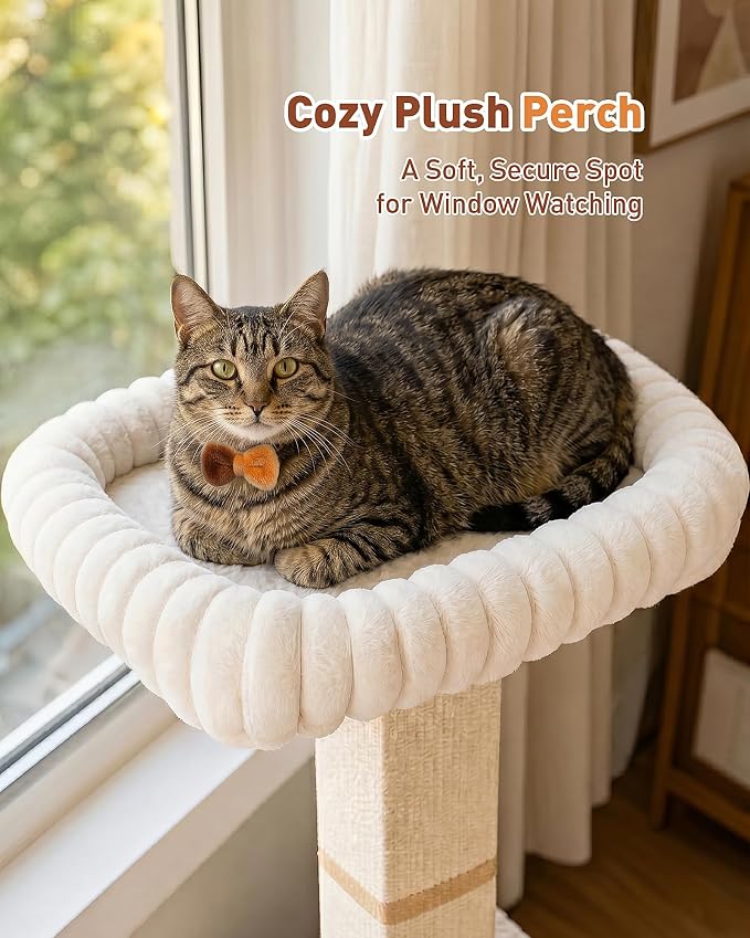 Morden Cat Scratching Post with Top Plush Bed for Indoor Cats | Removable & Washable Perch, Small Morden Cat Tree, Cat Tower with Scratch Post, Natural Sisal, White
