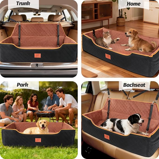 XIEEAOZEE Large Dog Car Seat, Memory Foam Dog Car Bed for Backseat & Trunk, Washable Pet Booster Seat Under 100 lbs or 2 Medium Dogs, Pet Travel Seat with Storage Pockets, 2 Safety Belts