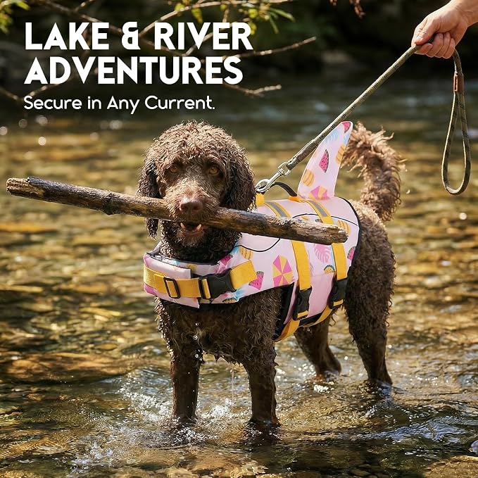 ASENKU Dog Life Jacket - Pet Safety Vest for Swimming & Boating, Shark Life Jacket with Floatation, Dog Lifesavers Swimsuits for Small Medium Large Dogs (Summerpink, L)
