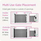 Retractable Baby Gate Perma Child Safety 33" Tall x 71” Wide, Mesh, for Stairs, Doorways, Dogs, Pets, Indoor, Outdoor, One-Handed Operation, Locking, Easy Install, Hardware Mount, Gray