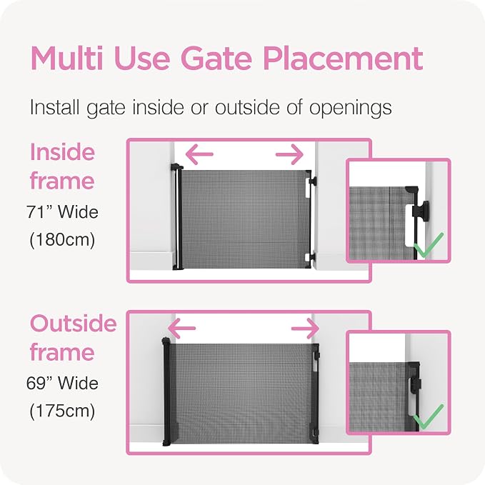 Retractable Baby Gate Perma Child Safety 33" Tall x 71” Wide, Mesh, for Stairs, Doorways, Dogs, Pets, Indoor, Outdoor, One-Handed Operation, Locking, Easy Install, Hardware Mount, Brown
