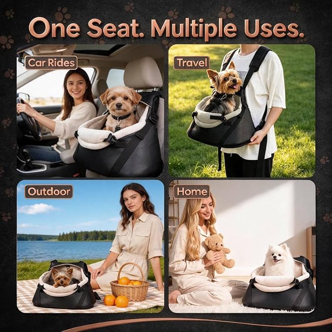 YUDODO Teacup Dog Car Seat - Design for Tiny Dogs up to 7 lbs with Cushion | Elevated View, Rear Pass-Through, Front Carrier, Vegan Leather, Safe & Durable, Waterproof, Wipe Clean, Black