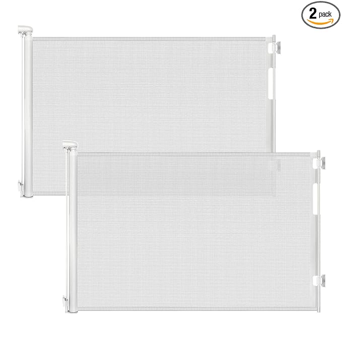 (2 Pack) Retractable Baby Gate for Stairs and Doorways, 55" Wide x 33" Tall Mesh Dog Gate for Indoor & Outdoor Use, Safety Gate for Babies and Pets, Child Gates for Hallways, Hardware Mounted, White