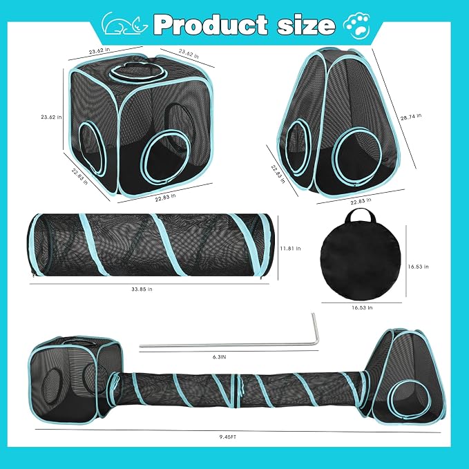 Outdoor Cat Enclosure, 9.45 ft Pop-Up Cat Tent with Tunnel Kit | 4-Piece Kit with 2 Tunnels, 33.86 x 11.81 in Tubes, Breathable Mesh, Pop-Up Setup, Storage Bag, DIY Layouts, Cats