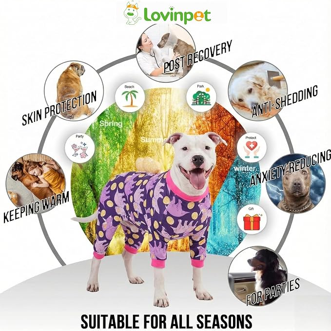 LovinPet Large Dog Pajamas, Four-Leg Stretch Onesie Bodysuit, Lightweight UV-Shielding Pajamas, Anti-Lick Calming Recovery Suit for Surgery, 3D Dino Egg Spikes, Easy on/Off， Purple， L