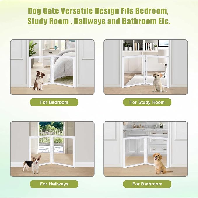LZRS Clear Dog Gate for Indoor Use - Transparent Pet Fence with Solid Hardwood and Plastic Board, Stylish & Durable freestanding Pet Gate for Doorways, Stairs and Hallways-2 Panel White