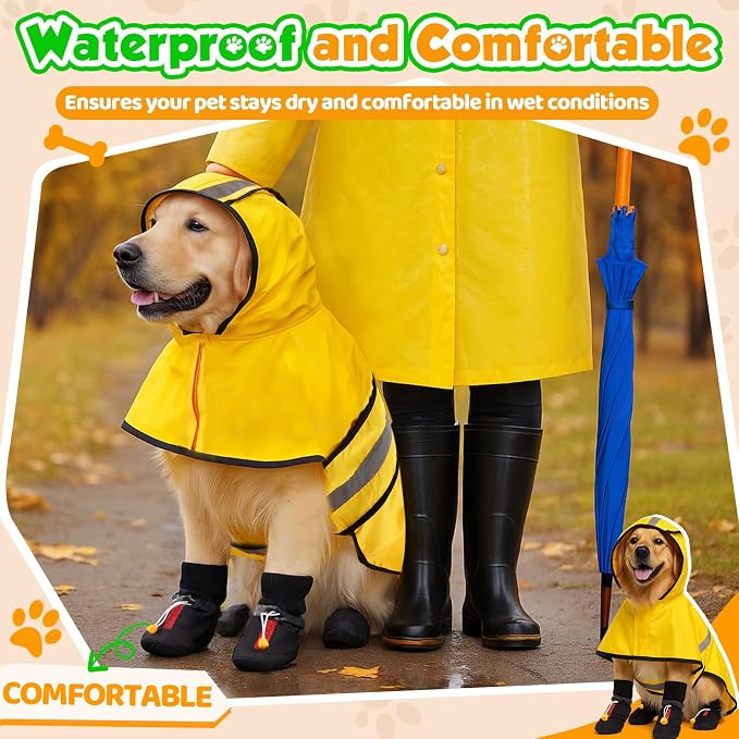 Dog Raincoat and Shoes for Weighing 50-70lbs, Spring Summer Waterproof Dogs Boots & Paw Protectors, Adjustable Pet Poncho with Leash Hole for Large Medium Small Dogs, Yellow(Single Side)